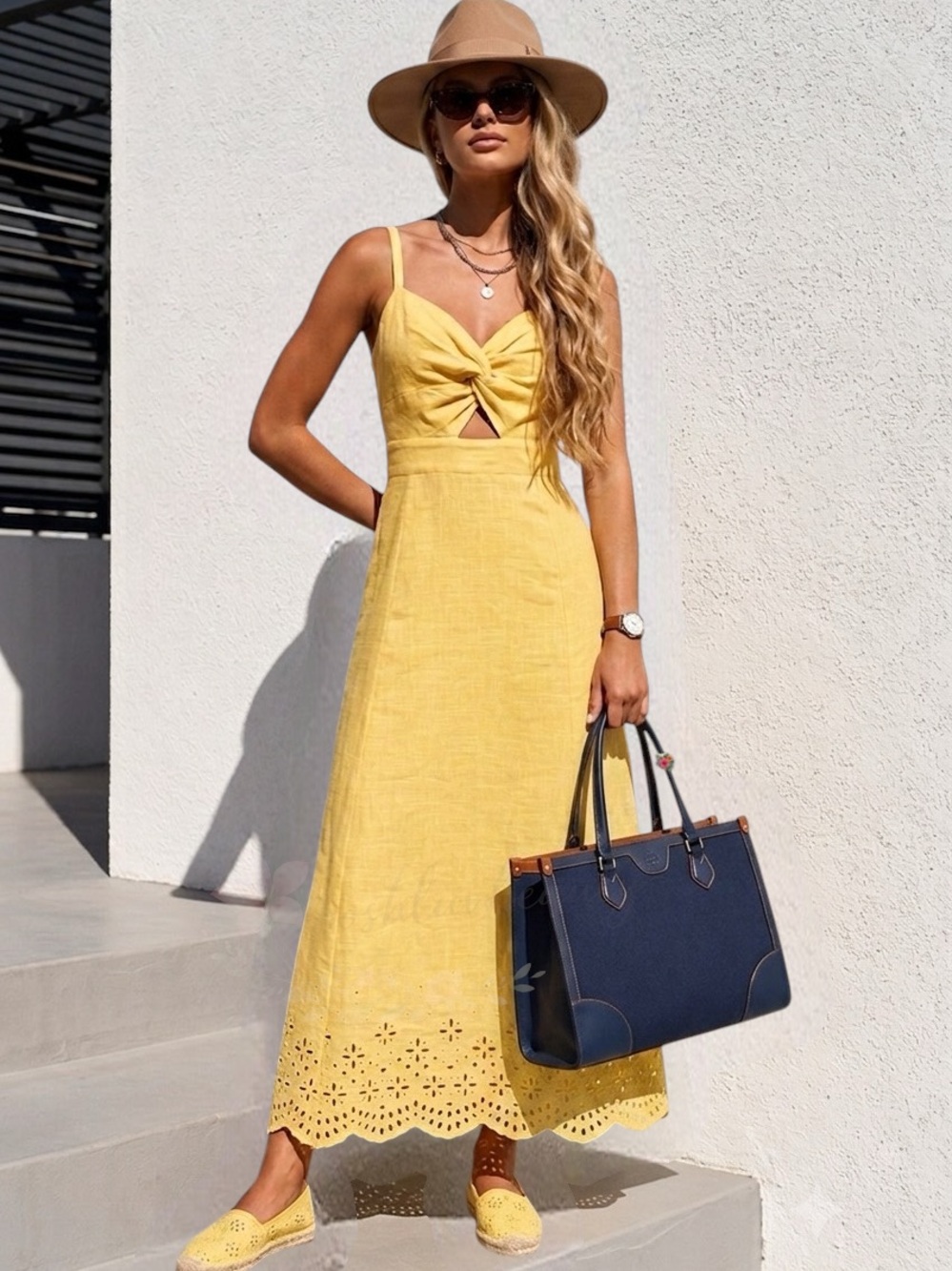 STATE Yellow Twist Front Cutout Eyelet Linen Midi Dress NWOT - Size L